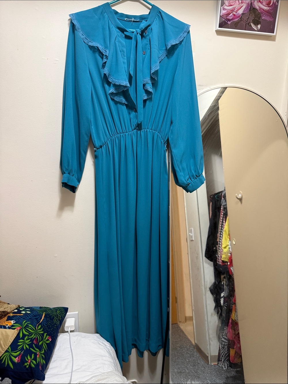 Teal Maxi Dress with Ruffle Tie Neck